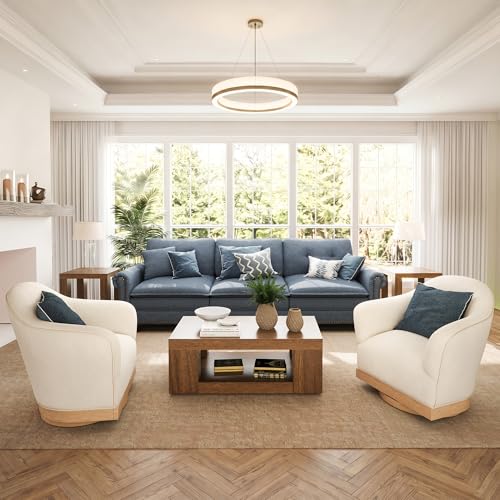 Image of HERA'S HOUSE 116.11 inch Mid-Century Modern Couch with 2 Swivel Accent Chairs, Oversized Sectional Couch for Living Room, 3-Seater Deep Seat Sofa with Throw Pillows, Linen Cyan Sofa & Corduroy Beige Chair
