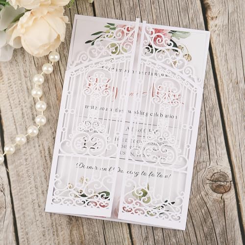AdasBridal 50Pcs White Laser Cut Wedding Invitations with Envelopes and