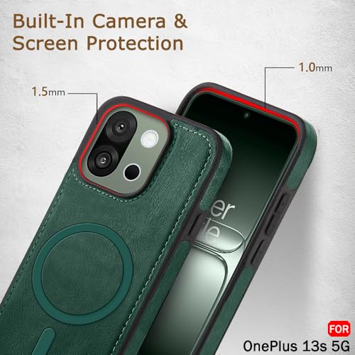 Image of TheGiftKart Genuine Leather Finish Back Cover Case for OnePlus 13s 5G | Shockproof Design | Raised Edges for Camera & Screen Protection | Stunning Minimalist Design Cover (MagSafe Compatible, Green)