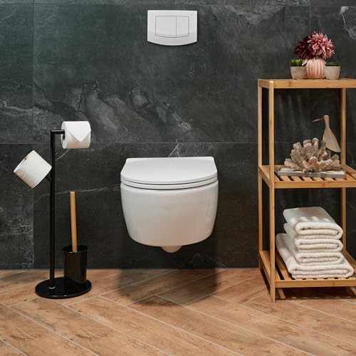 Image of Relaxdays WC Set, HxWxD: 64 x 27 x 22 cm, Free-Standing Roll & Brush Holder, Replacement Heads, Stainless Steel, Black