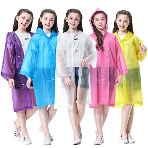 Image of Rain Poncho for Kids Boys Girls - 2 Pack Reusable Waterproof Rain Coat Jacket for Teen Disney, Clear Pink Yellow Blue Purple