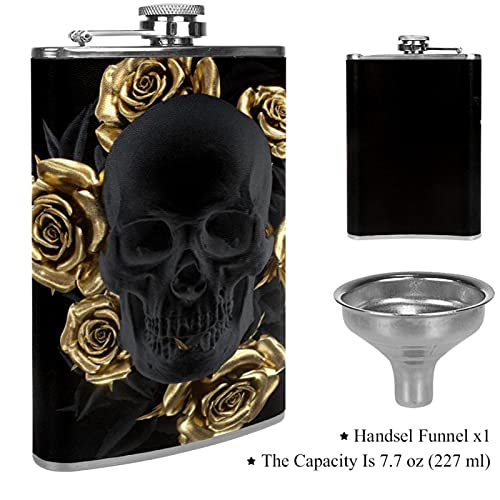 Liquor Hip Flask Black Gold Rose Skull Flagon 8 Ounce Stainless Steel Pocket Drinking Flask Whiskey Flask With Funnel For Men And Women Festival Gift 3.6X6In #TOP2