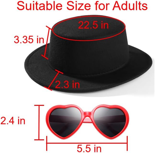 Fashion Classic Black Fedora Hats + Red Heart Sunglasses Costume Outfit - Flat Wide Brim Church Cap Jazz Hats, for Women and Men - Image 7