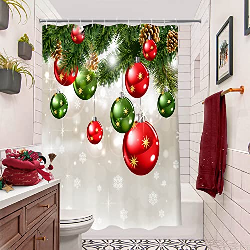 Broshan Christmas Long Shower Curtain, Xmas Baubles Pine Tree Twig Art Print Holiday Bathroom Curtains Shower, Christmas Bathroom Decor Set With Hooks, Green And Red #TOP1