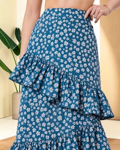 Image of OOMPH! Women Floral Printed Asymmetric Ruffled Midi Skirt | Elegant Flowy Fit | Mid-Rise | Lightweight & Breathable | Flared Hem | Summer Casual Skirt