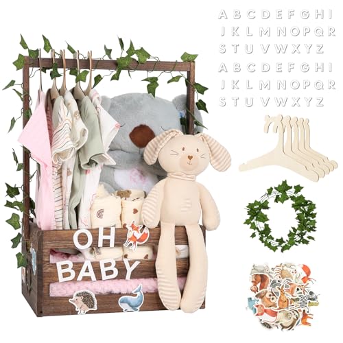 Baby Shower Gifts Basket Wooden Crate, Personalized Wooden Letters and Clothes Hangers New Born Baby Girl Boy Gifts Vine Decorations Cute Closet with Handle Pregnancy Gifts for New Mom Parents Brown