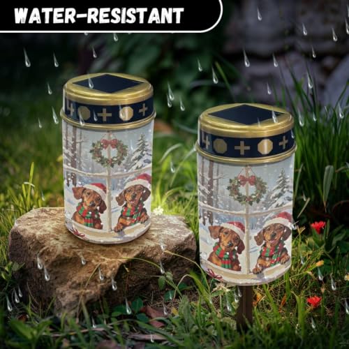 Image of Christmas Dachshund Puppies Cemetery Solar Lights, 2 Pack | Xmas solar power outdoor candle, waterproof solar cemetery decorations for grave, cozy Christmas memorial gift