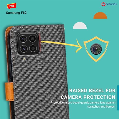 Image of Accesorios Samsung F62 Flip Back Cover Case | Denim Fabric | Eco-Friendly Leather | Magnetic Closure | Shockproof Stylish Mobile Flip Cover for Samsung Galaxy F62 (Grey)