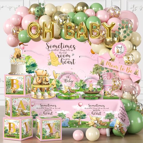 cocomigo 266PCS Pink Classic Bear Baby Shower Decorations Set, All-in-One Party Supplies Pack with 20 Plates, Classic Cupcake Stand, Cupcake Toppers Backdrop, Baby Shower for Girls