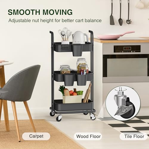 Image of DTK 3 Tier Foldable Rolling Cart, Metal Utility Cart with Lockable Wheels, Folding Storage Trolley, 3 Small Baskets and 6 Hooks for Living Room, Kitchen, Bathroom, Bedroom and Office, Black