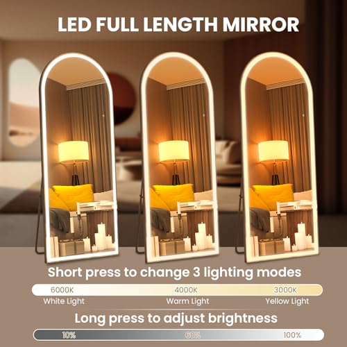 Image of Pertetey 81x34 Inch LED Arched Full Length Mirror with Lights, Black Frame Dimmable & 3 Color Modes LED Full Body Dressing Standing or Wall Mounted Long Mirror
