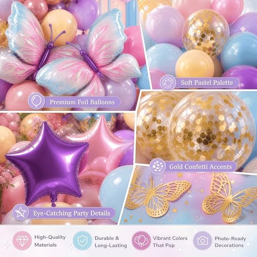 122Pcs Pastel Birthday Decorations Balloon Arch Kit, Rainbow Birthday Decorations Party Supplies with Macaron Balloons, Butterfly Foil Balloons, Tablecloth & Decor for Theme Parties — view 6
