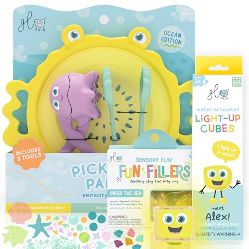 Image of Glo Pals Under The Sea Bundle, Contains 1 Pack Fun Fillers Sensory Play Accessories, 3 Pack Pick-Up Pals Sensory Tools, and 4 Pack Alex Yellow Water-Activated Light-Up Cubes