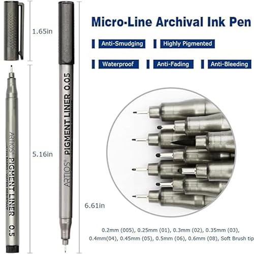 Image of ARTIOS Premium Fineliner Pens - Set of 9 Black Micro Pens (0.05mm to 0.8mm) | Fine Liners for Writing, Drawing, Sketching & Mandala Art | Archival Quality Ink - Waterproof, Fade-Proof, Smudge-Proof