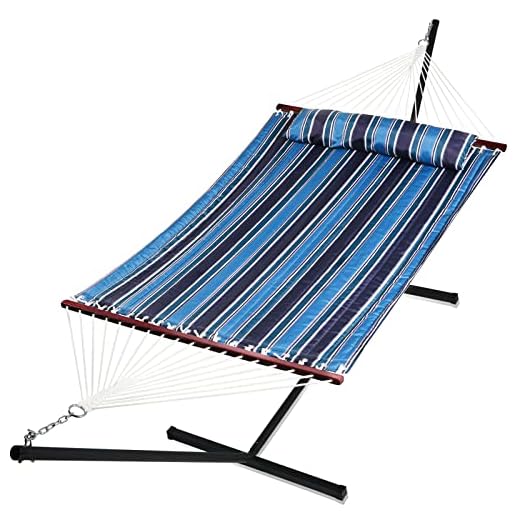 HENG FENG 2 Person Double Hammock with 12 Foot Portable Steel Stand and Spreader Bar, Detachable Pillow, Quilted Fabric Bed, Blue Stripe