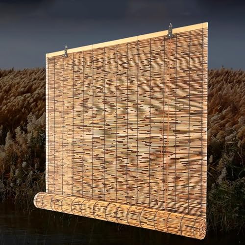 Geovne Rollo Bambú Ventanas Natural,Persiana de Bambú Carbonizado,Persianas de Caña Filtrante de Luz,Estor Enrollable Retro,para Exterior e Interior,con Elevador (W110xH260cm(43x102in))