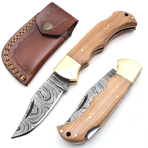 FIFFO BLADE Handmade Damascus Steel Folding Knife with Leather Sheath - 6.5