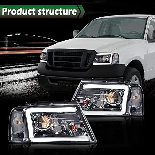 Image of GRAND ORANGE LED DRL Headlights Assembly Compatible with 2006-2008 Lincoln Mark Bumper Headlamp /Fits Ford F150 2004-2008 （Halogen Smoke Lens Chrome Houing Clear Reflector） 7L3Z13008FA 7L3Z13008CA