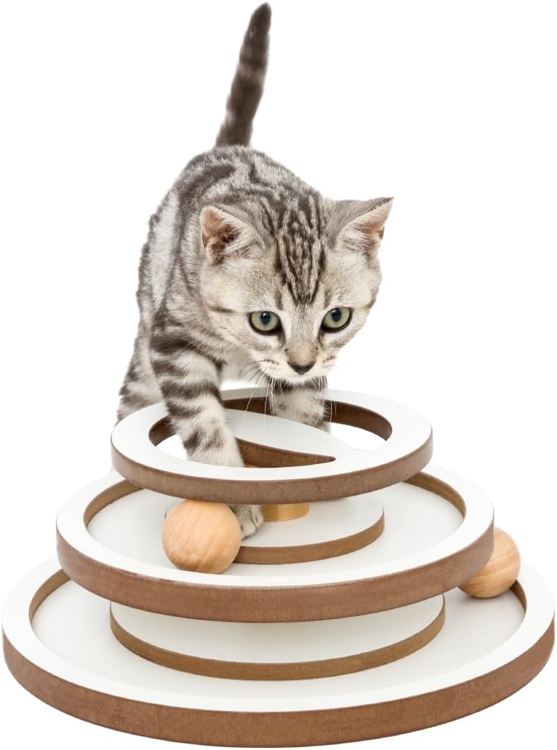 Lulu's world Premium Wooden Cat Ball Track Toy – Modern White & Wood Design – 11-Inch Extra Large Base – Fully Assembled Interactive Puzzle Tower with 2 Balls for Indoor Cats