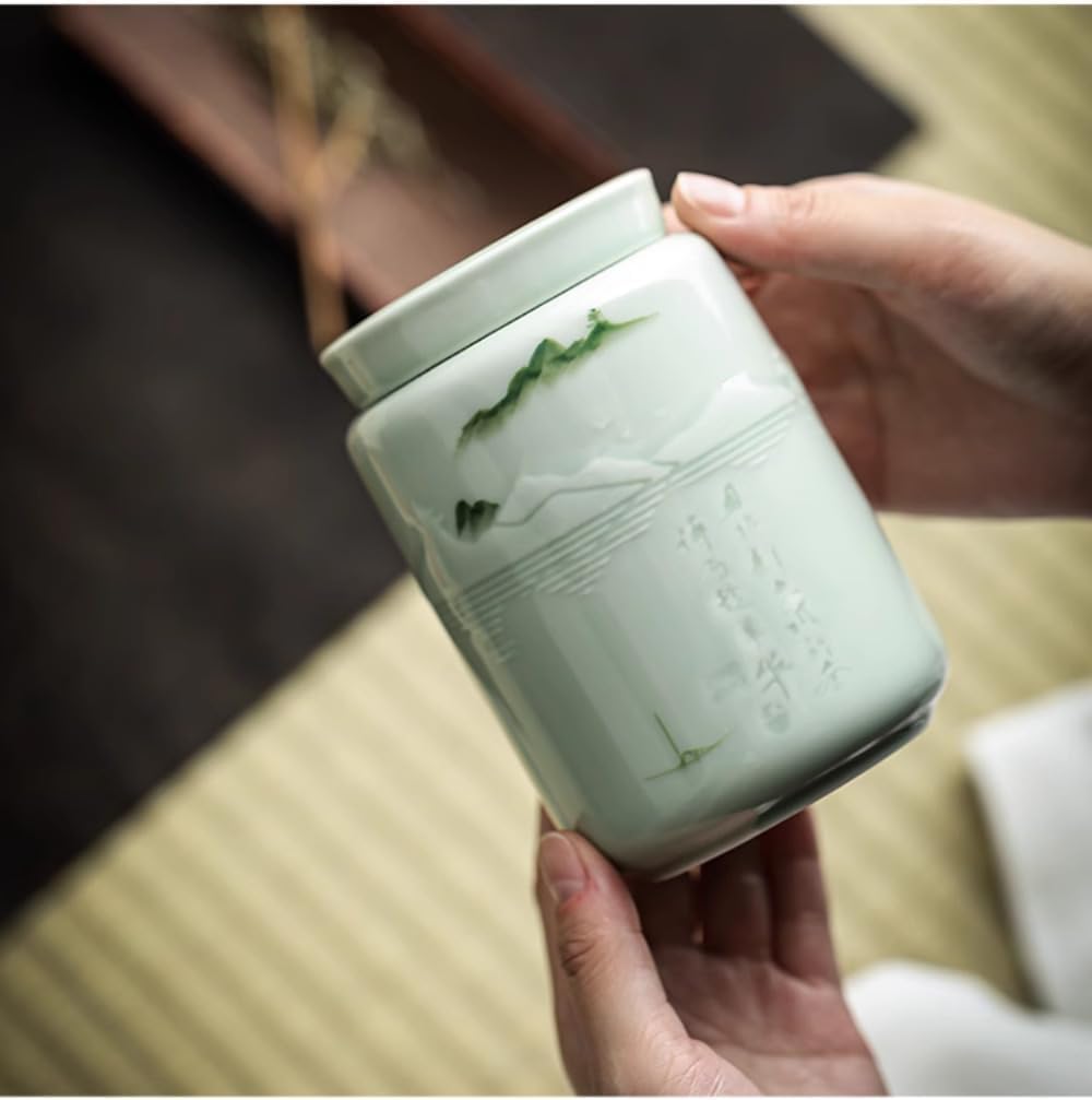 china tea tin， 15.6cm Celadon Tea Jar Storage Sealed for Household Chinese Style