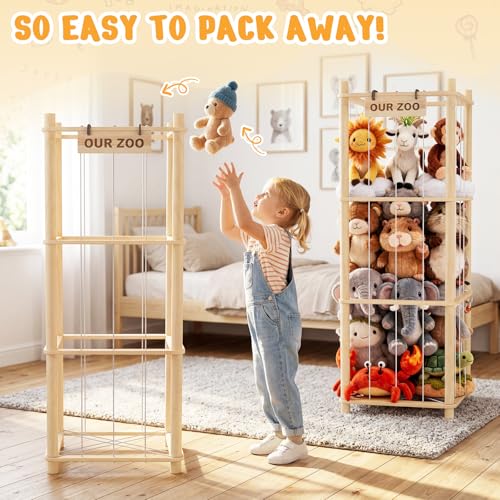 Image of Woodure Stuffed Animal Storage & Organizer, Wooden Cute Zoo Toy Holder for Toddler Rooms, Playrooms & Bedrooms(2pcs)