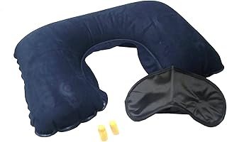 Set Travel, Cuscino da Viaggio Gonfiabile Cuscini Aereo Viaggio, 1 Maschera Occhi e 2 Tappi Orecchie inclusi, Support Poggiatesta Dormire Aereo Bus Auto Treno e uso Domestico