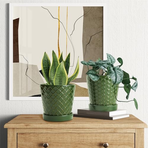 Image of EFISPSS Ceramic Plant Pots, 5 Inch Planters with Drainage Holes and Ceramic Tray, Relief Design Flower Planter, Desktop Office Windowsill Decoration Gift Set of 4 - Blackish Green