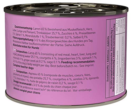 dogz finefood Hundefutter nass - N° 10 Lamm - Feinkost Nassfutter für Hunde & Welpen - getreidefrei & zuckerfrei - hoher Fleischanteil, 6 x 200 g Dose