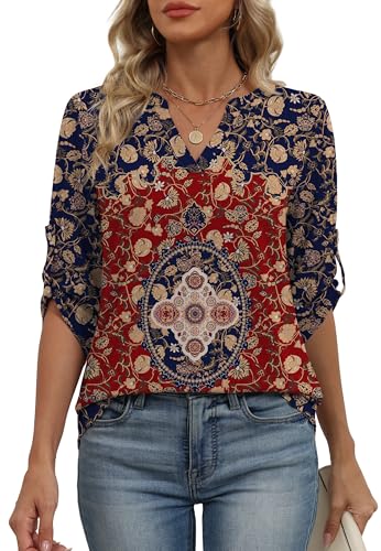 Image of XIEERDUO 3 /4 Length Sleeve Womens Tops V Neck T Shirts Both Side Buttons Blouses Business Casual Outfits Loose Fit