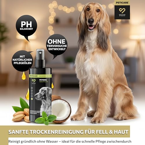 Peticare® Hunde Trockenshampoo (200 ml) – Natürliches Hundeshampoo gegen Geruch & Schmutz – ohne Wasser – Sanfte Fellpflege für Hunde & Welpen – für alle Fellarten – mit Argan- & Kokosöl