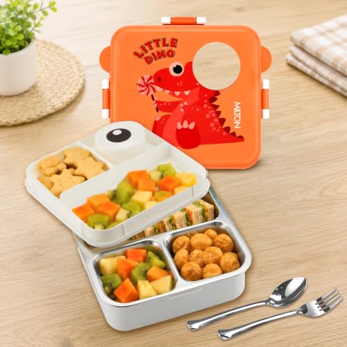 Image of MILTON Dino Pop Bento Stainless Steel Lunch Box, 3 Compartments, 4-Side Lock, with Tray, Spoon, Fork & Container for School, Office, Travel, BPA Free, 1120 ml + 70 ml, Peach