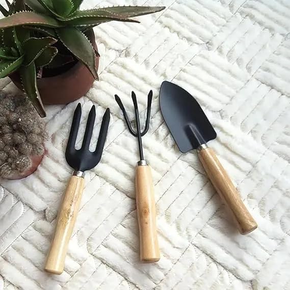 Image of 4 in 1 Gardening Tool Set - Trowel, Fork, Cultivator & Pruner with Wooden Handle for Digging, Planting, Weeding & Trimming