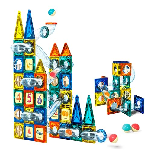 Image of VGRASSP 49 Pcs Magnetic Building Blocks Marble Run Track Set Toy for Kids with LED Lights - Educational STEM Construction Toy Kit with Strong Magnets - Color As Per Stock