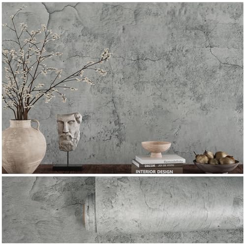 VEELIKE Cracked Grey Concrete Wallpaper Peel and Stick Cement Wall Paper Vintage Industrial Wallpaper for Bedroom Bathroom Textured Concrete Contact Paper for Walls Removable Waterproof 40cmx300cm
