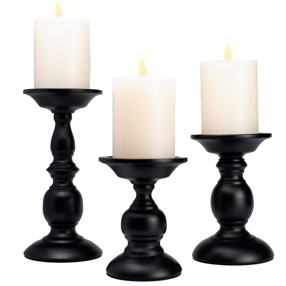 Black Pillar Candle Holders Set of 3, AZONEE Vintage Candle Holder for Table Centerpiece & Fireplace Decor, Decorative Antique Candle Stand for Dining & Living Room Decoration