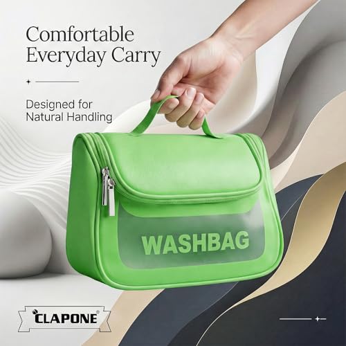 Image of Cosmetic Bag for Women, PU Leather Makeup Pouch, Large Capacity Travel Makeup Organizer with Divider & Handle, Waterproof Portable Vanity Storage Bag for Toiletries (Washing Bag-Green)
