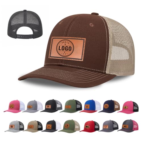Image of Custom Hats for Men and Women, Personalized Baseball Cap with Leather Patch | Design Your Own Hat with Logo, Photo or Text, Breathable Mesh Back, Adjustable Customized Trucker Hats for Adults