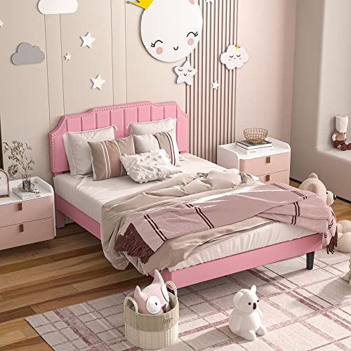 Vecelo Pink Full Size Bed Frame Upholstered Platform With Tufted Adjustable Headboard/Mattress Foundation With Wood Slat Support, Easy Assembly,For Kids #TOP3