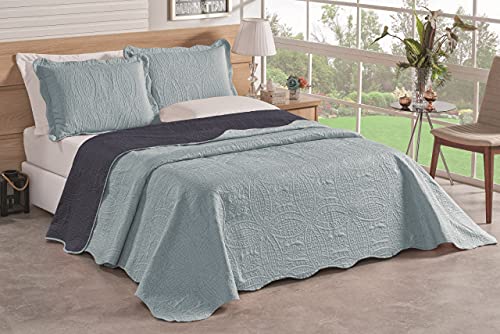 Colcha Bouti Cobre Leito Tecido Liso Dupla Face Casal King 03 Peças Azul