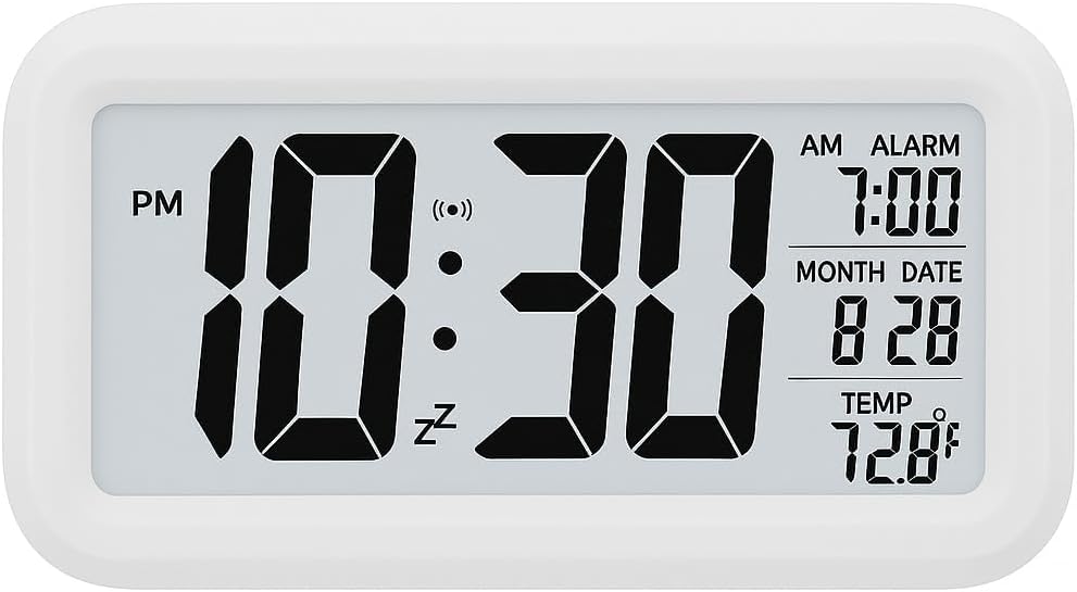 FABTATION Alarm Clock Digital Plastic Clock Table Clock for Students Watch for Study Home Office, Bedroom Kitchen Desk Alarm Clocks with Automatic Sensor Time, Date & Temperature (White)