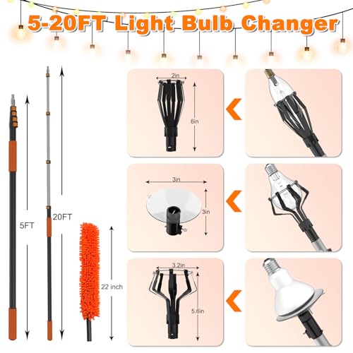Image of Buyplus 26FT Reach Light Bulb Changer for High Ceilings with 5-20FT Telescopic Extension Pole, Easy Flip-Tab Lock Bulb Changing Pole Extension with Basket and Suction Cup for Recessed Lights