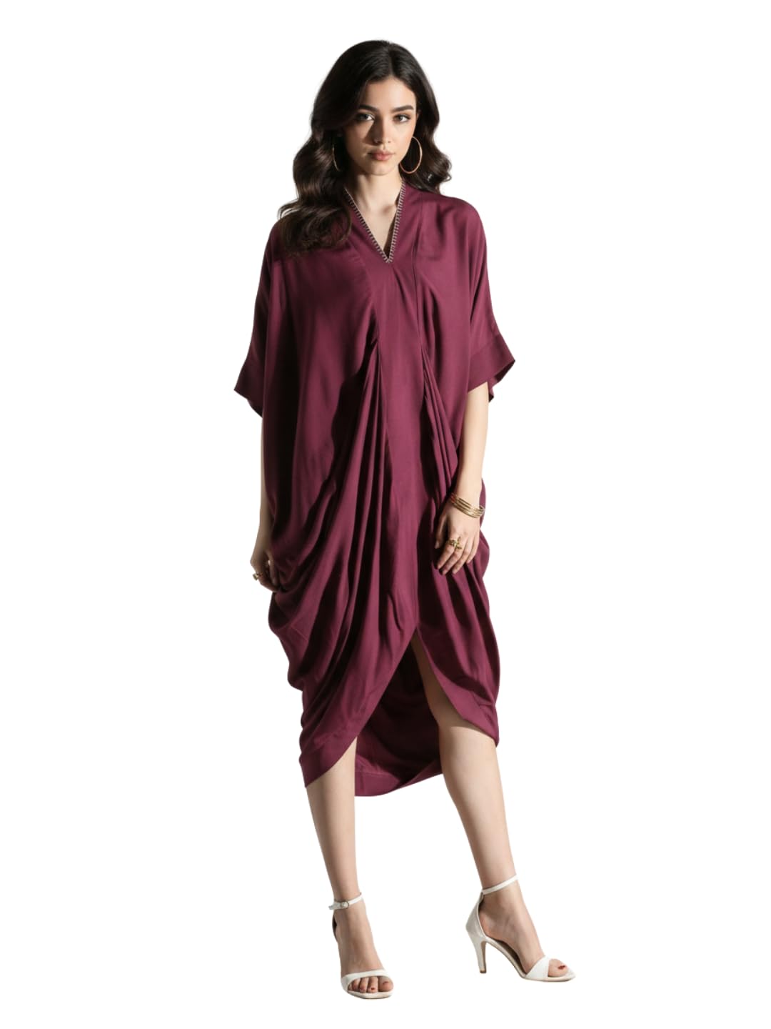 Women's Wine Purple Viscose Rayon Kaftan Dress with Embroidered Neckline | V-Neck, Cowl Drape, Cuffed Sleeves, Evening & Vacation Wear-picture-54