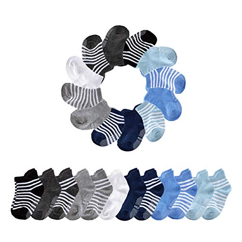 Yszbiay 12 Pack Cotton Ankle Baby Socks Anti Slip Low Cut Athletic Socks With Grips for 12-36 Months Toddler Kids Boys