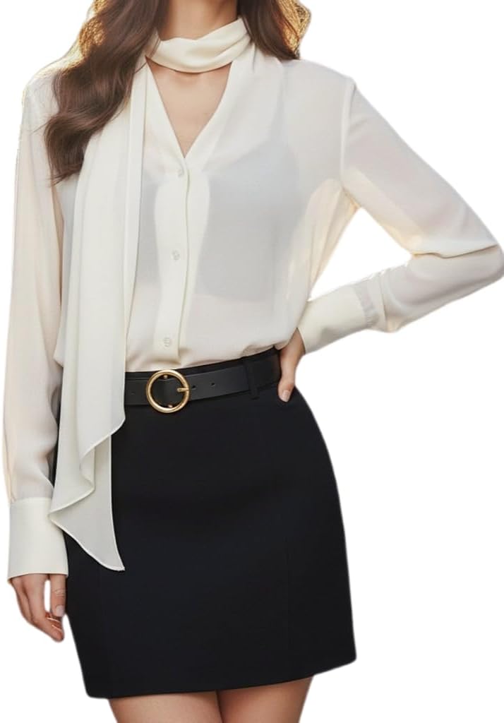 Prettywear Womens Sheer Long Sleeve Tops Sexy Mesh Going Out Blouse V Neck Shirt with Neck Tie