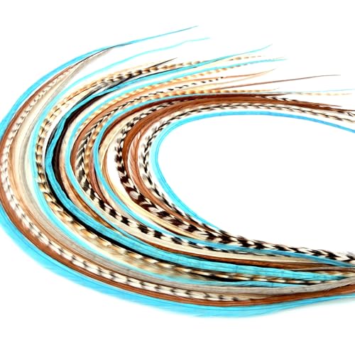 21 Natural & Turquoise Color Hair Extensions 914 Long DIY Rooster Kit with 20 Micro-Link Beads 100% Real Feathers Eye-Catching Boho Style