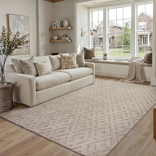 Teppich 200x300cm Beige Wohnzimmer Schlafzimmer Flauschiger Teppiche Waschbarer Weich Groß Fellteppich Carpet Modern rutschfest Esszimmer BüRo 3D Effect Rautenmuster Faux Fur Beige 200 x 300