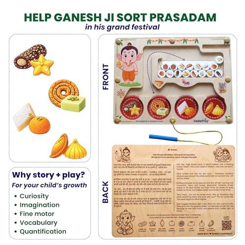 Image of Ganesha's Grand Fest - Vedic Wooden Magnetic Maze | Montessori Toy for Toddlers 15M+ | Birch Wood, Made in India, Non-Toxic | Screen-Free Play, Sealed Magnets, Shatter-Proof | Birthday Gift