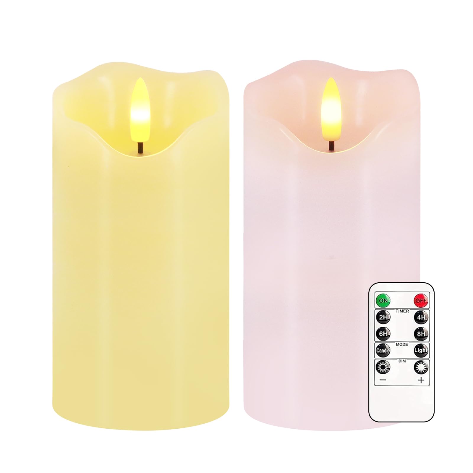 AVEKI Flameless Candle Light, Set of 2 6"x3" Flickering Christmas Flameless Candles with Remote & Timer, Dimmable Real Wax Pillar Candles Battery Operated, Decor for Home Xmas (Pink Yellow)