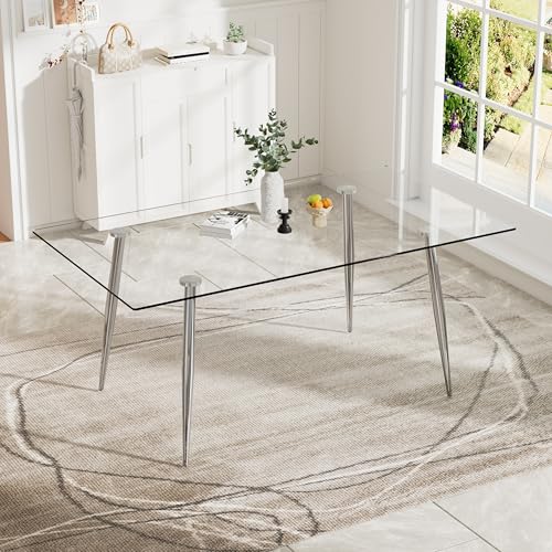 Baysitone Glass Dining Table for 4 with 63 inch Clear Tempered Glass Top 0.31 Modern Rectangular Glass Kitchen Table Furniture with 4 Silver Metal Legs for Home Kitchen Room