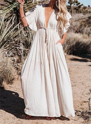 Swim Cover Up for Women Deep V Neck Ruffle Sleeve Button Down Maxi Dresses Elastic Tie Waist Plain Swimwear Coverup3